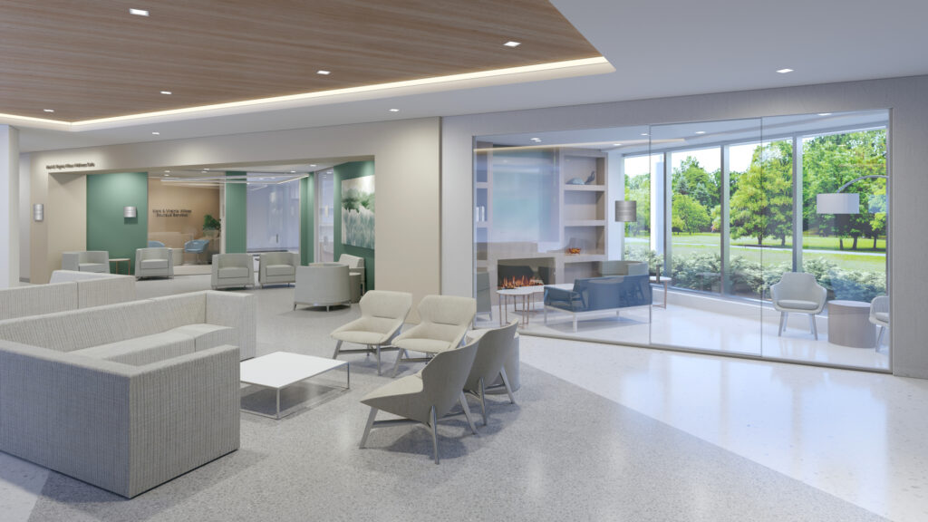 Jack and Sheryl Morris Cancer Center rendering of lobby at the Wellness Suite