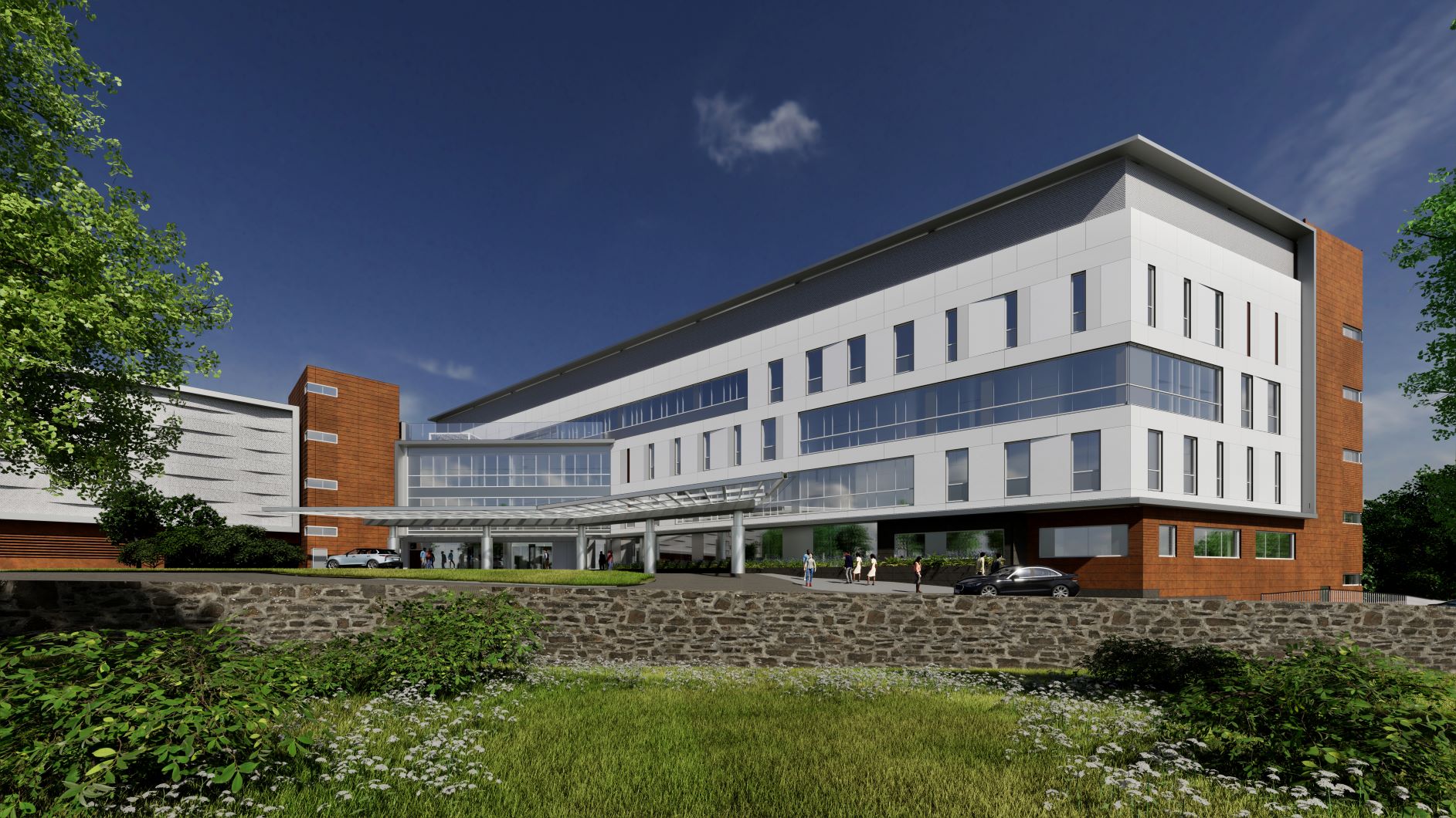 Rendering of exterior of The Cancer Center at Cooperman Barnabas Medical Center